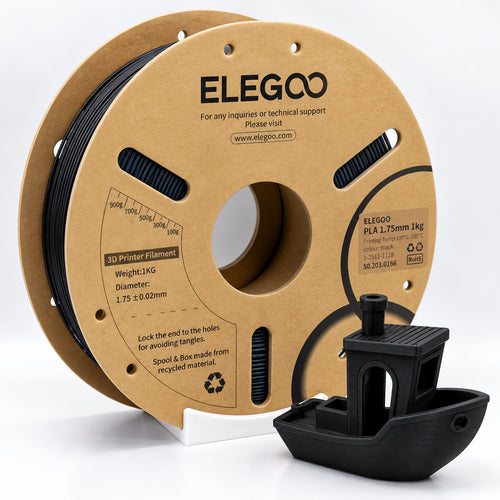 Filamento PLA ELEGOO 1.75 mm — 1 kg, Negro; presentación del producto.