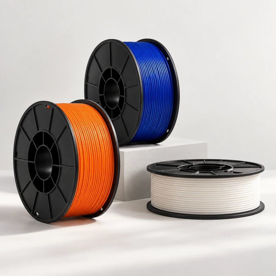 Carretes de filamento naranja, azul y blanco.