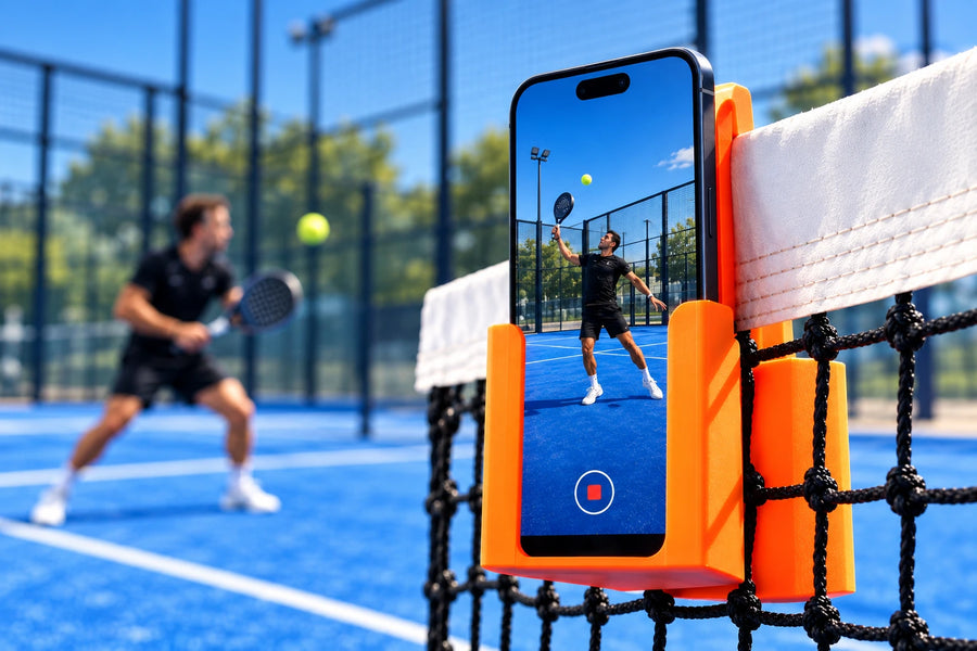 VLOG IT naranja con un celular en la red de una cancha de pádel.
